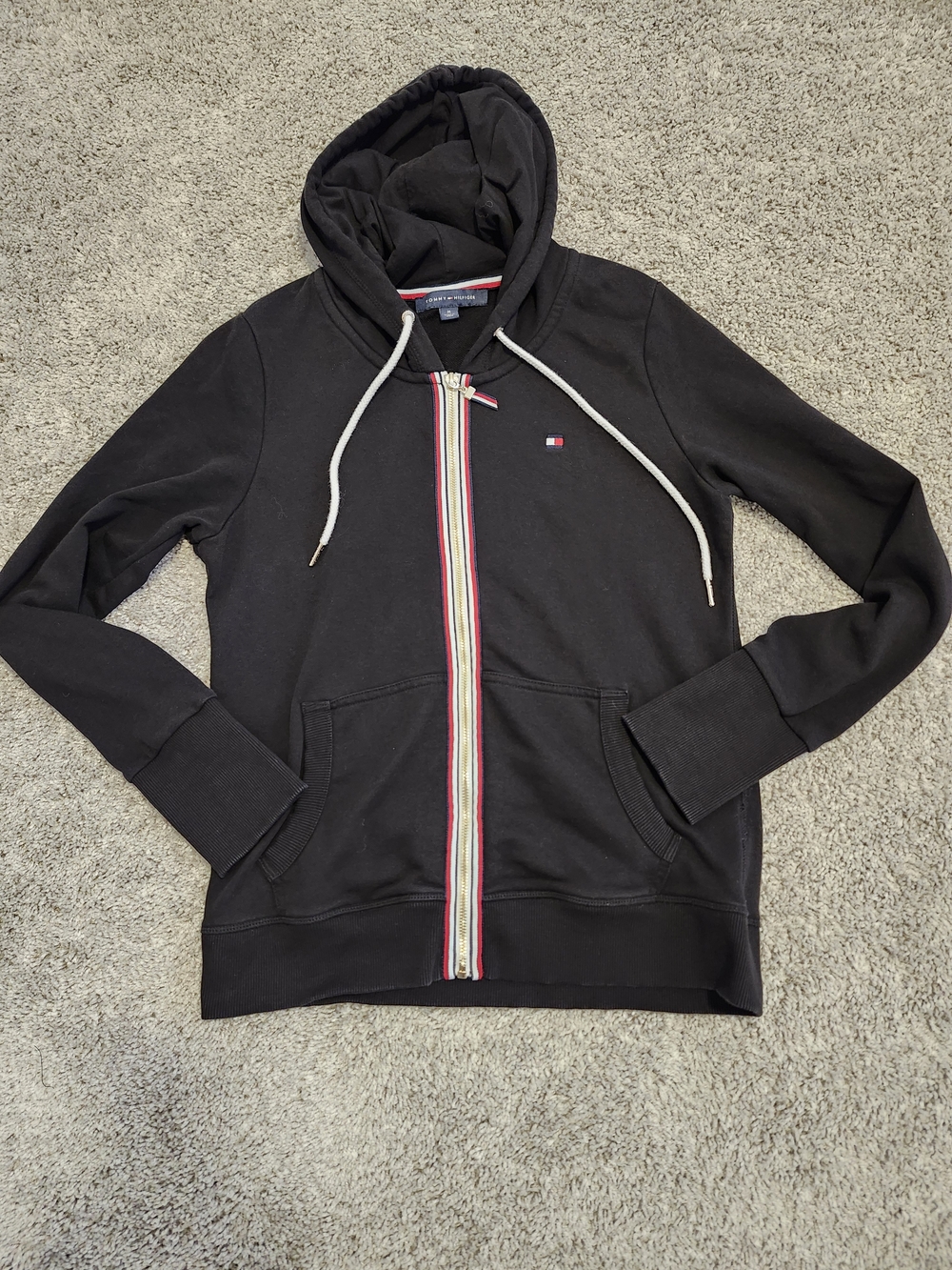 Black Medium Sweater Zip Up Red Signature Trim Long Sleeve Cotton Basic Y2K